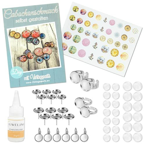 Vintageparts FACHHANDEL FÜR SCHMUCKZUBEHÖR Set JETTE Anfänger Cabochonset Vintage in silberfarben