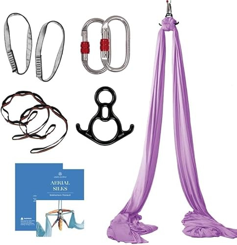 Aum Active Aerial Silks Starter Kit - Durable 9 Yards of Aerial Yoga Hammock with Hardware & Guide - Aerial Swing for Acrobatic Flying Yoga & All Levels (Aerial Rigging Point Up to 13ft)