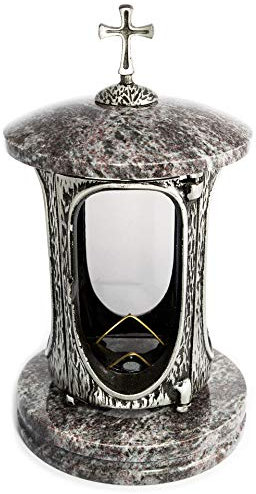Stilvolle Grablaterne Anthrazit mit Kreuz Granit Orion hell Höhe 27 cm/Ø 15 cm Grableuchte Grablicht Grablampe Granitlampe Granitlaterne Bronze mit Sockel Grabschmuck