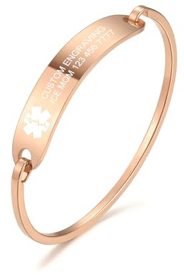 MOWOM Medical Alarm Stulpe Armreifen Armband Für Damen Mädchen Maßgeschneiderte Gravur Edelstahl Personalisierte Name ID Identifizierung Allergie Notfall - (Bündeln mit Notfallkarte, Ärmel)