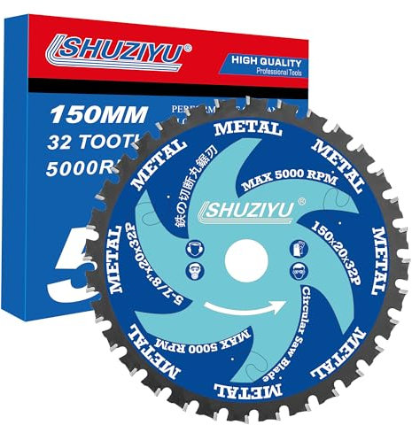 LSHUZIYU, 150mm-32T Hoja de Sierra Circular de Metal, Eje de 20mm con Arandela de 15,88-10mm, Accesorios para Sierra Inalámbrica, Uso para Corte de Hierro, Aluminio, etc.