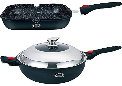 HAUSSMANN heritage® Fonte d'aluminium Wok32cm Revêtement Type Pierre-sans PFOA Manche Amovible-Tous Feux Dont Induction- HM-WOK1432M (Wok32cm+Poêle Grill 28cm)