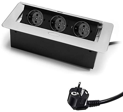 Versenkbare Tischsteckdose mit 3 Schuko, Einbausteckdose für Arbeitsplatte, Konferenztisch, Küche, Büro, 230V, 1,5m Kabel, Aluminium Silber, Push-Button Öffnung