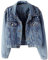 sandbank Women's Vintage Jeans Denim Jacket Pearls Beading Long Sleeve Coat
