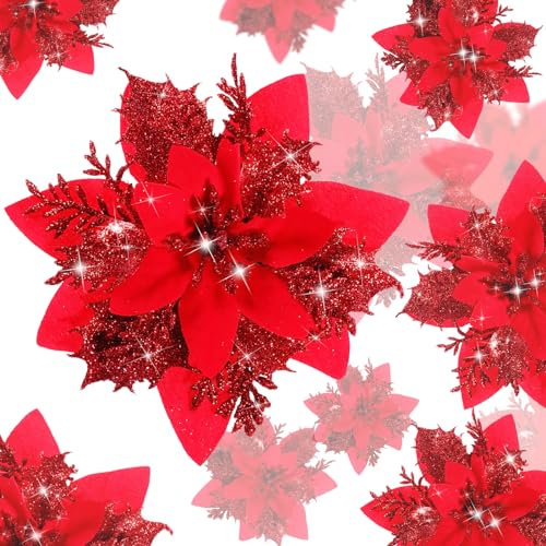 BLAZOR Kunstblumen, Weihnachtsstern Künstlich Deko Blumen, 20 Stück Glitzer Deko Weihnachtsblumen, Baumschmuck weihnachten, Neujahr Ornamente.