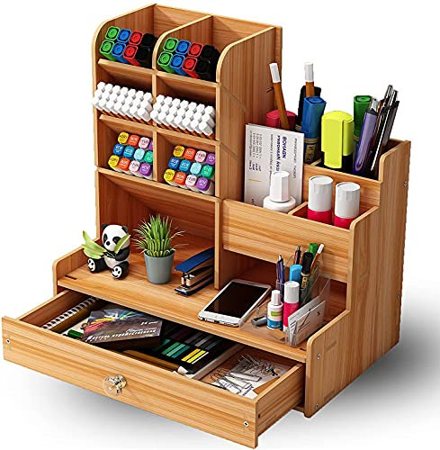 Vikmyer Holz Bleistifthalter, Schreibtisch Organizer Multifunktions Desktop Schreibwaren Stifthalter Box für Home Office Schulbedarf Lagerregal mit Schublade
