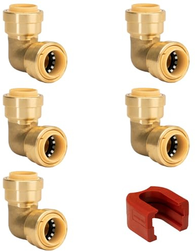 QUICK FITTING 1/2 Elbow Push-to-Connect Plumbing Fittings with Slip Clip Removal Tool, Brass Fittings for Copper, PEX and CPVC, Lead Free Certified (5-Pack)