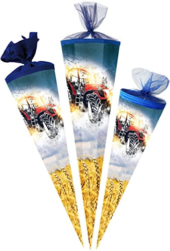 alles-meine.de GmbH Schultüte - Traktor/Trekker 35-85 cm Größe wählbar Zubehör - komplette Füllung - Zuckertüte - Tüllabschluß/Filzabschluß - eckig/rund - Jungen & ..