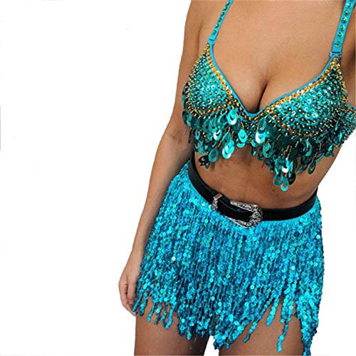Damen Rave Rock Fransen Rock Pailletten Quaste Rock Bauchtanz Kostüm Bauchtanz Mini Rock Hüftschal Rave Outfit für Frauen und Mädchen (Blau, One Size)