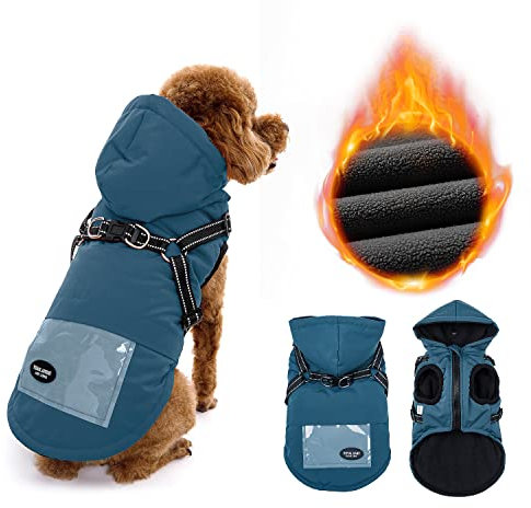 Nasjac hundemantel mit Geschirr für kleine Hunde, Fleece hundejacke D Ringe Kapuze, Fashion Zip Up reflektierende wasserdichte Hoodie Hundekleidung wintermantel für klein Welpen Chihuahua Hund