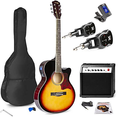 Max Showkit Wireless Electric Acoustic Guitar Starter Kit - Beginner Electro Acoustic Guitar Set with Amplifier, Wireless System & Accessories, Sunburst Finish, 6 Months Free Online Lessons