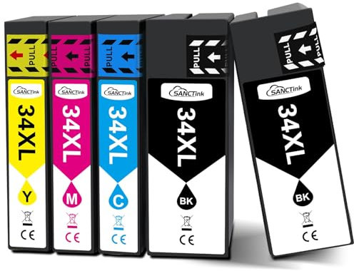 SANCTink 34 XL Druckerpatronen Kompatibel für Epson 34XL für Epson Workforce Pro WF 3720 WF 3725 Druckerpatronen WF-3720DWF WF-3725DWF (2 Schwarz, 1 Cyan, 1 Magenta, 1 Gelb)