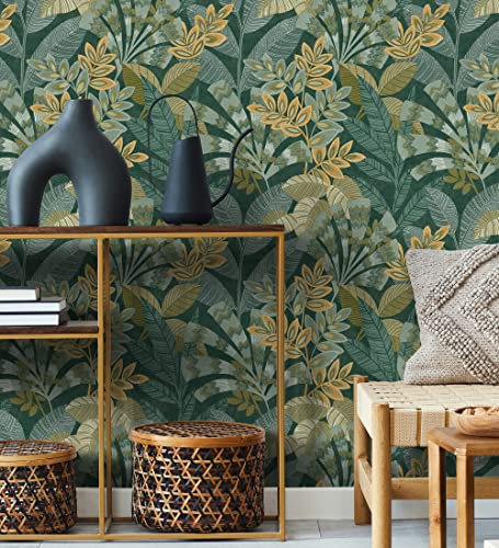 GAULAN 500682001 - Vliestapete, Strapazierfähig, Abwaschbar. Tapete mit ethnischen Blättern auf grünem Hintergrund im tropischen Stil für Wohnzimmer Küche Bad - Muster DIN A4