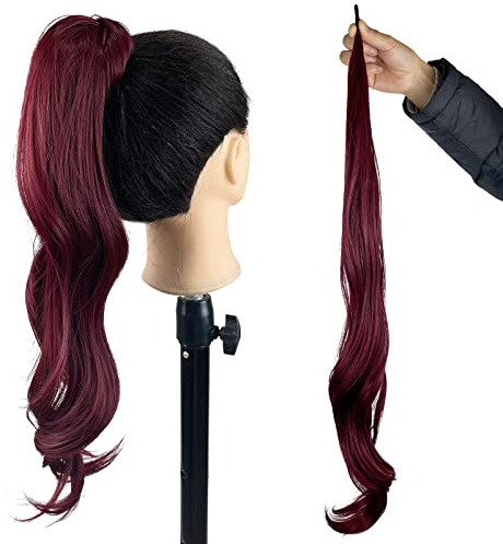 Chicmoi Extainson 32 Inch Flexible Ponytail Wrap Around Ponytail Long Wavy Ponytail Hair Extensions Wine Red Synthetic Hairpieces for Women and Ni