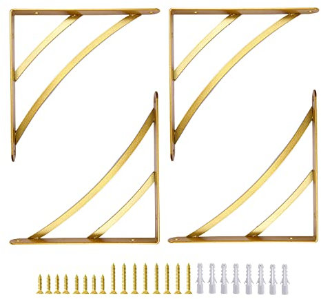 Goldene Regalhalterungen, 200 mm dreieckige Regalhalterungen, vielseitig, rechtwinklig, Wandmontage, Regalträger für Gerüstbretter, moderne Messing-Wanddekoration, goldfarben, 4 Stück
