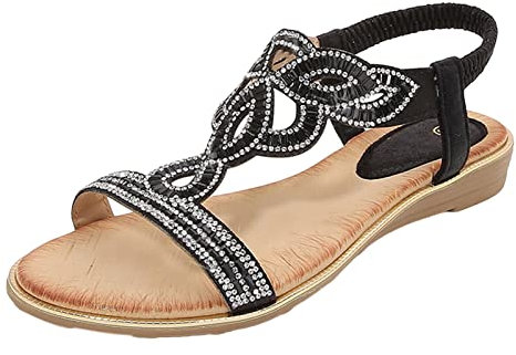 Chaussures d'été pour femme 43 - Tendance - Creuses - Strass - Style bohème - Confortable - Grande taille - Chaussures de plage - Sandales pour femme - Mariage, Noir , 42 EU Large