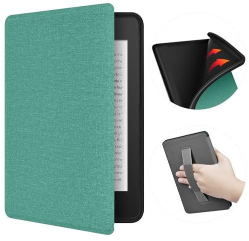 ERUNTO Hülle für 6 Zoll Kindle (Released in 2022 and 2024), TPU Cover mit Stoffstruktur und Handgürtel auf der Rückseite, Magnetische Shell Cover mit Smart Wake-up/Sleep-Funktion(Grün)