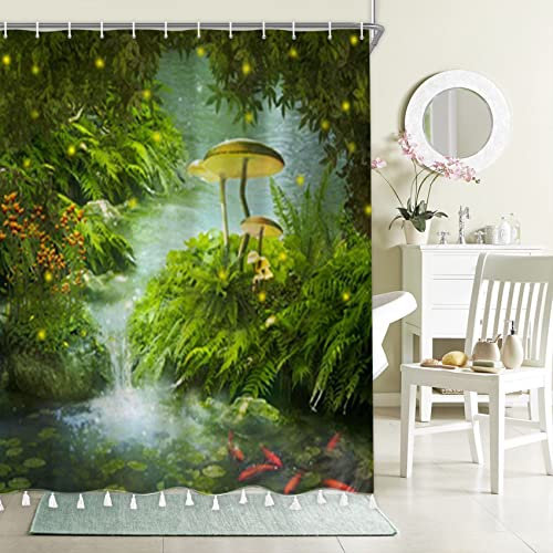 Bovlleetd Fiume Tenda da Doccia con Nappa Paesaggio Naturale Piante Verdi Foglia Loto Pietra grande Fungo Tenda da Doccia con Impermeabile Bagno Divisorio Tenda Decorativa Bella Tenda Arte 180x200cm