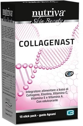 NUTRIVA Collagenast, Integratore Alimentare con Collagene. Elastina, 2,5g di Collagene idrolizzato, Vitamina E, A, C. Integratore Pelle, 15 buste. Antirughe Donna uomo long lasting, Collagene da Bere
