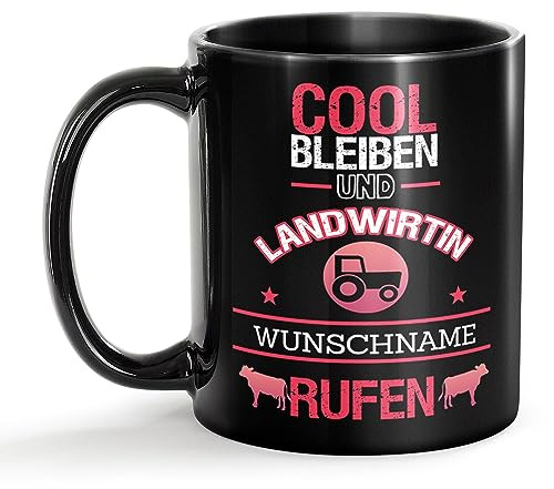Tassendruck Schwarze Tasse für Landwirtin mit Name - Cool bleiben und Name rufen - Geschenk für Kollegin zum Geburtstag | Personalisierte Geschenke, Keramik Schwarz, 300 ml
