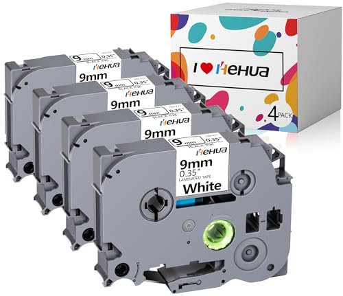4x hehua Kompatibel mit Brother P-touch Schriftband TZe-221 9mm, Schwarz auf Weiß 9mm tze221 tze 221 tz221 Kompatibel mit P-touch H100LB H100 H105 H75 h-101gb E100 D200 D210 D400 1280 (9mm x 8m)