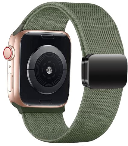 Cinturino Elastico Magnetico per Apple Watch 40mm 38mm 41mm Donne Uomini,Cinturini di Ricambio in nylon intrecciato Banda sportiva solo loop per iWatch SE Serie 9/8/7/6/5/4/3/2/1,Verde militare