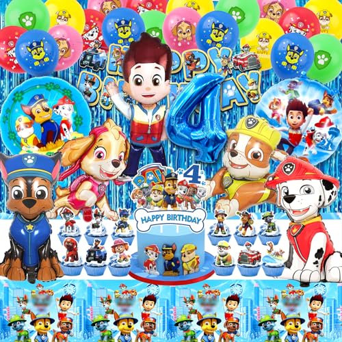 56PCS Paw Dog Geburtstag Deko 4 Jahre, Patrol Dog Deko Kindergeburtstag,Paw Dog Geburtstag,Patrol Dog Party Set,Paw Dog Luftballon,Kuchen Topper,Tischdecke,Patrol Dog Kindergeburtstag Deko für Kinder