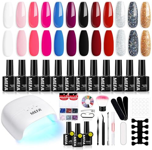 MEFA 34 Pcs Gel Nail Kit with 48W UV Lamp, 12 Colors White Pink Red Glitter Gel Nail Polish Kit with Matte Glossy Gel Top Base Coat Manicure Tools Nail Art Decorations DIY Salon Home
