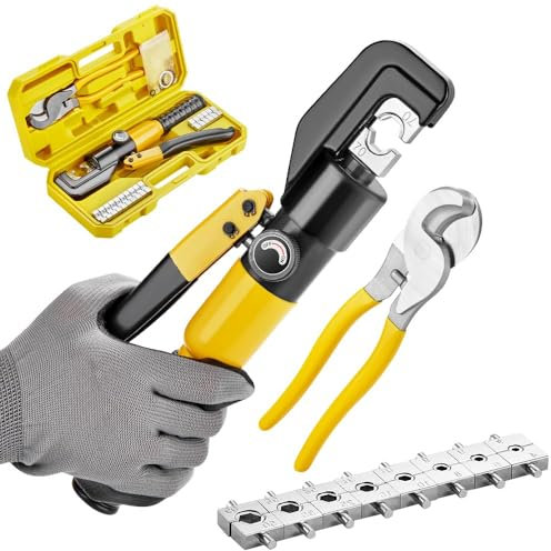 TEENO Hydraulische Crimpzange 10T und Kabelschneider Hydraulische Kabelschuhe Crimper 12 bis 2/0 AWG Hydraulische Handcrimper Tool Elektrische Terminal Kabel Draht Werkzeug Kit mit 9 Schneideisen