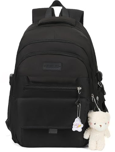 PRLINJSK Girls Backpack for College High Middle School Student, Cute Aesthetic Bookbag for Teens Women with Accessories, Black, L, Traditional Backpacks