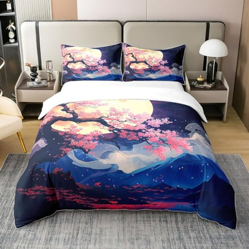 Homewish Coton Rose Sakura Housse de Couette 240 x 260,Asie de l'est Japonais pour Hommes et Femmes Ensemble de Literie Adulte,Lune et Fleurs Housse de Couette Star Sky Couvre Lit