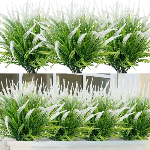 ASTNIC 6 Piezas Plantas Artificiales Arbustos De Hierba Falsa Arbustos Verdes para Exteriores Fau Flores de Lavanda De Tallo Verde Resistentes los Rayos UV para Ventana del Hogar Jardín Patio(Blanco)