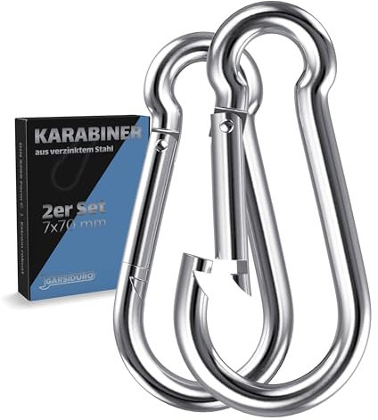 GARSIDURO® Karabinerhaken | 2er Set 7x70 mm | Karabiner Stahl verzinkt DIN 5299 | Feuerwehr-Karabiner mit Schnappverschluss geeignet als Schlüsselanhänger oder für Schwerlast und Hundeleine Wohnwagen