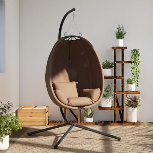 LAPOOH Hängesessel Ei-Design mit Ständer Taupe Stoff und Stahl, Garten Möbel, Hängesessel Outdoor, Jugendzimmer, Hängestuhl, Hanging Chair, Liebesschaukeln, Hängeschaukel Outdoor - 4007400