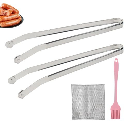 NVGVUP 2 PCS BBQ Sausage Turning Tongs, Stainless Steel BBQ Tongs Kitchen with Smooth Rollers on Top, Barbecue Tongs Long with Brush Silicone and Silver Dishcloths, for Frying Cooking