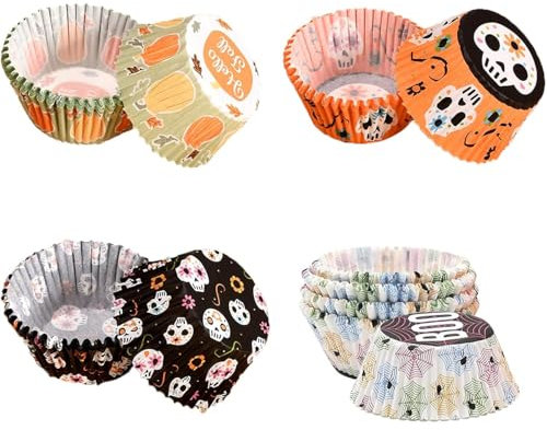 JINJUMEI 400 Pezzi Pirottini per Muffin, Pirottini Carta Forno in Zucca Scheletro e Ragno Pirottini Confetti, Halloween Pirottini per Muffin Carta per la Cottura in Famiglia Feste, Riunioni, Cucina