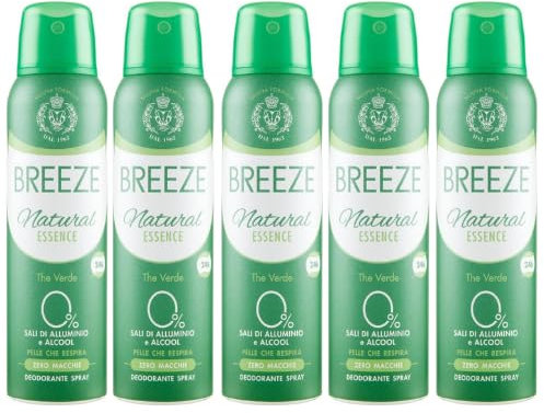 6x BREEZE Deodorante Spray the Verde, 0% sali di alluminio e alcool 150ml + 1 Busta di Talco Felce Azzurra in omaggio da 100g