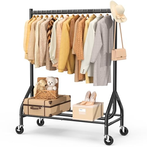 EAGMAK Heavy Duty Rolling Clothes Rail Load 180 KG (Black, 110×48×160 cm) | Metal frame holds up to 180 KG, With lockable rolling wheels, Smooth rolling, 110cm wide 160cm high,For home & commercial use