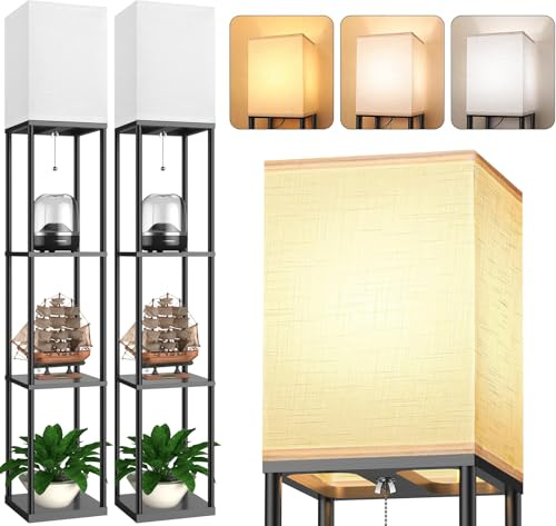 Stehlampe mit Regalen für Wohnzimmer, 2 Stück, Regal-Stehlampe mit 3 CCT-LED-Glühbirnen, Eck-Display, Stehsäulenlampe, Etagere-Organizer, Turm, Nachttisch mit weißem Leinenschirm für Schlafzimmer