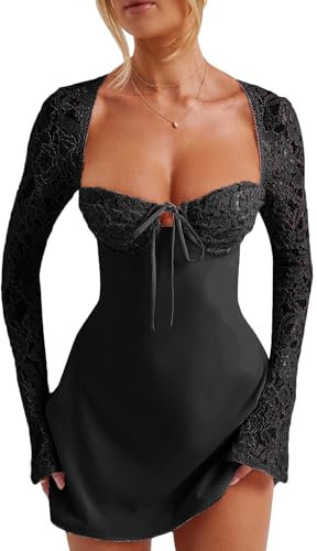 Women Hollow Out Mini Dress Long Sleeve Backless Low-Cut Tie-up Lace Patchwork Cocktail Dress Lace Up Dress (Black, M)