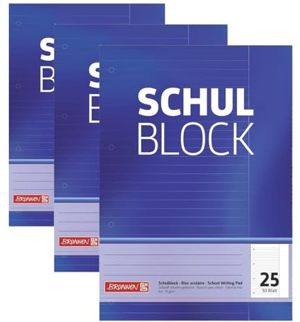 Brunnen 1052525 Schulblock/Notizblock (A4, 50 Blatt, liniert, mit Rand, Lineatur 25, gelocht, kopfverleimt, 70 g/m²) (Packung mit 3)