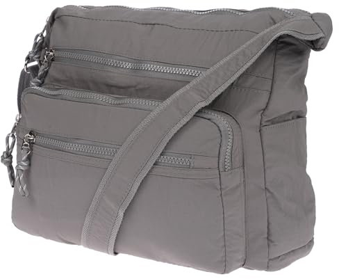 Christian Wippermann Nylon Umhängetasche Damen Groß - Mittelgroß mit Zwei Hauptfächern - Verstellbarer Trageriemen bis 150 cm - Reißverschlussfächer - Tasche mit Vielen Fächern - 30x26x12 cm Grau
