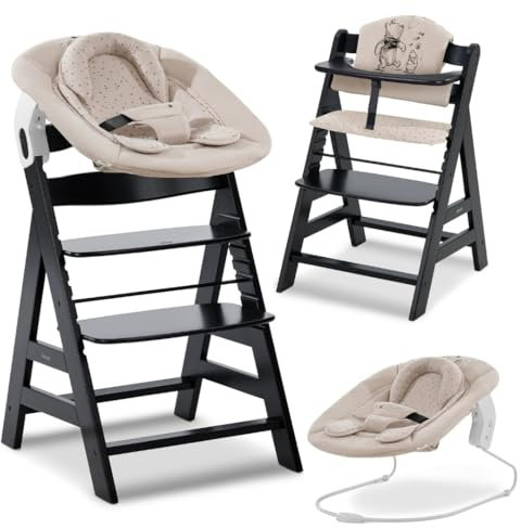 hauck Hochstuhl Alpha+ Newborn Set mit 2in1 Bouncer - Mitwachsender Holz Babyhochstuhl ab Geburt, inkl. Sitzauflage & Neugeborenenaufsatz - Schwarz | Winnie the Pooh