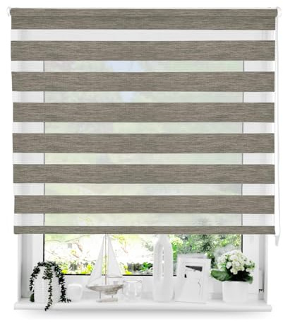 Tom'Shop Doppelrollo Duo Rollo mit Schrauben Holzlook Grau 160cm x 130cm | Fensterrollo Seitenzugrollo mit Bohren für Lichtschutz Sichtschutz Sonnenschutz leichte Montage