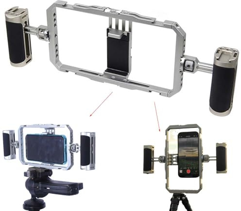 Dual Handheld Metal Stabilizer Bracket Holder for Smart Mobile Phone Shooting, Universal Fully Surrounded Photography Cage for Smart Phone, Support Vertical and Horizontal Shooting