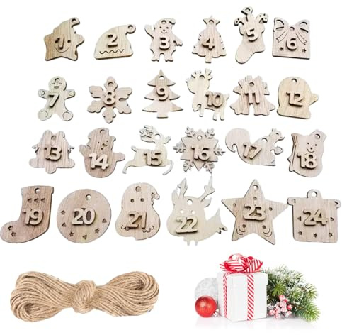 24STK Adventskalender Holzzahlen 1-24 Anhänger mit Kordel, Weihnachten Adventskalender Zahlen Holzanhänger zum Basteln Weihnachtsbaum Weihnachtsdeko Geschenk Deko Geschenkanhänger