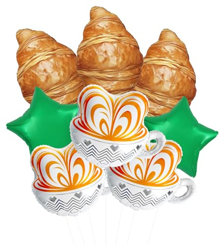 8 Pcs Star Coffee Balloon Set – Cup, Croissant Bread &Green Star Foil Balloons for Coffee Lover Birthday, Bakery Opening, Café Themed Party, Brunch, Café Bar Decor