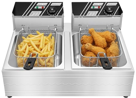 HUOMMGS Freidora de aceite 2 x 6L doble freidora con 60-200 ℃ temperatura ajustable 5000 W acero inoxidable freidoras con 2 cestas de freír, 2 tapas, freidora multifuncional para cantinas