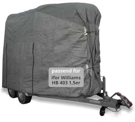 Car-e-Cover Pferdeanhänger-Abdeckung passend für Ifor Williams HB 403 1,5er | 4-Lagen Vlies, innen weich, UV-beständig, Grau, Gummizug & Doppelnaht, 2 Nylon-Spanngurte, Reißverschluss hinten