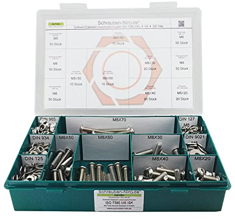 Set Linsenkopfschrauben Innensechskant M8 Edelstahl A2 Muttern Scheiben | Sortiment M8 ISO 7380-1 A2 V2A Flachrundkopfschrauben Innensechskant Unterlegscheiben DIN 125 127 9021 DIN 934 985 340 Teile